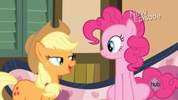 Size: 1920x1080 | Tagged: safe, screencap, applejack, pinkie pie, g4, pinkie apple pie, lidded eyes, out of context