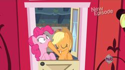 Size: 1920x1080 | Tagged: safe, screencap, applejack, pinkie pie, g4, pinkie apple pie, hoof in mouth, hoofjack