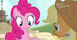 Size: 1152x608 | Tagged: safe, screencap, applejack, pinkie pie, g4, pinkie apple pie, meme, youtube caption