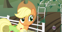 Size: 1153x609 | Tagged: safe, screencap, applejack, g4, pinkie apple pie, female, hub logo, meme, solo, youtube caption