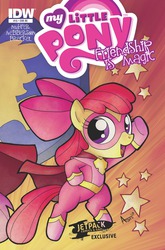 Size: 1265x1920 | Tagged: safe, artist:agnesgarbowska, idw, apple bloom, g4, action pose, clothes, costume, cover, jetpack comics, superhero