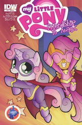 Size: 1265x1920 | Tagged: safe, artist:agnesgarbowska, idw, scootaloo, sweetie belle, g4, clothes, costume, cover, superhero
