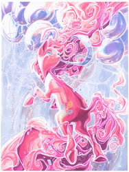 Size: 1000x1333 | Tagged: safe, artist:fleebites, pinkie pie, g4, balloon, confetti, daily deviation, female, long mane, long tail, party horn, solo, traditional art, windswept mane