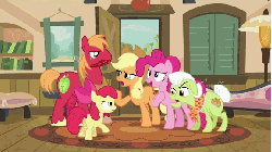 Size: 576x324 | Tagged: safe, screencap, apple bloom, applejack, big macintosh, granny smith, pinkie pie, earth pony, pony, g4, pinkie apple pie, angry, animated, argument, argument in the comments, butt, female, filly, hilarious in hindsight in the comments, male, mare, plot, quill, stallion