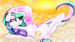 Size: 3840x2160 | Tagged: safe, artist:falco9998, princess celestia, alicorn, pony, g4, cloud, cloudy, female, mare, on back, relaxing, solo