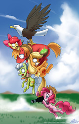 Size: 850x1328 | Tagged: safe, artist:johnjoseco, apple bloom, applejack, big macintosh, granny smith, pinkie pie, that friggen eagle, bald eagle, eagle, earth pony, pony, g4, pinkie apple pie, accessory theft, angry, camera, carrying, cloud, flying, grin, gritted teeth, holding, male, open mouth, smiling, stallion, wide eyes