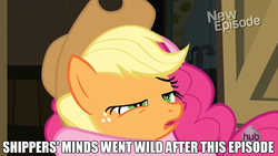 Size: 1463x825 | Tagged: safe, edit, edited screencap, screencap, applejack, pinkie pie, earth pony, pony, g4, pinkie apple pie, animation error, caption, derp, female, hug, image macro, lesbian, lidded eyes, mare, out of context, ship:applepie, shipping