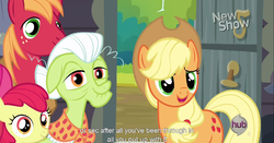 Size: 1153x606 | Tagged: safe, screencap, apple bloom, applejack, big macintosh, granny smith, earth pony, pony, g4, pinkie apple pie, male, meme, stallion, youtube caption