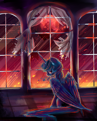 Size: 2000x2500 | Tagged: safe, artist:aquagalaxy, princess luna, alicorn, pony, g4, blood moon, broken window, curtains, female, glass, solo, tattered, window