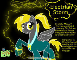 Size: 792x612 | Tagged: safe, artist:flint-productions, oc, oc only, clothes, costume, electria, female, golden electria, mare, power ponies oc, raised hoof, reference sheet, solo, storm, superhero
