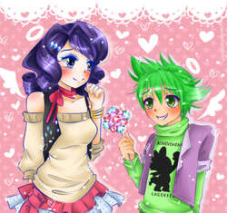 Size: 2232x2098 | Tagged: safe, artist:monicherrie, rarity, spike, human, g4, clothes, duo, female, humanized, light skin, male, ship:sparity, shipping, skirt, straight, sweater