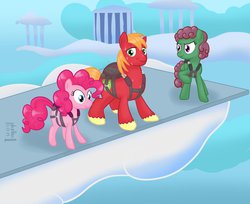 Size: 991x807 | Tagged: safe, artist:phallen1, big macintosh, pinkie pie, oc, oc:windcatcher, earth pony, pony, g4, cloudsdale, male, parachute, skydiving, stallion