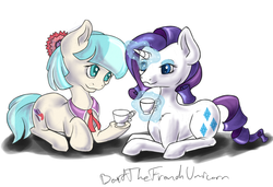 Size: 1524x1042 | Tagged: safe, artist:bertthefrenchunicorn, coco pommel, rarity, g4, cup, magic