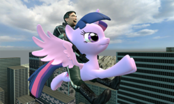 Size: 640x382 | Tagged: safe, twilight sparkle, alicorn, pony, g4, 3d, anonymous, barney calhoun, crossover, flying, gm bigcity, gmod, half-life, half-life 2, twilight sparkle (alicorn), valve, wings