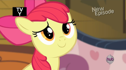 Size: 853x478 | Tagged: safe, screencap, apple bloom, earth pony, pony, g4, pinkie apple pie, adorabloom, bow, cute, female, filly, foal, hair bow, hub logo, smiling, solo, sweet dreams fuel, tv rating, tv-y