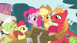 Size: 853x478 | Tagged: safe, screencap, apple bloom, applejack, big macintosh, granny smith, pinkie pie, earth pony, pony, g4, pinkie apple pie, apples to the core, male, stallion