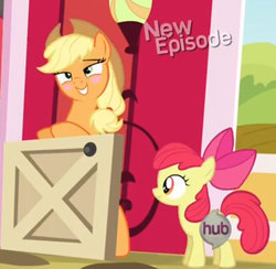 Size: 1062x1036 | Tagged: safe, screencap, apple bloom, applejack, earth pony, pony, g4, pinkie apple pie, blushing, cropped, embarrassed, female, filly, hub logo, mare, out of context