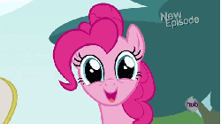Size: 576x324 | Tagged: safe, screencap, pinkie pie, earth pony, pony, g4, pinkie apple pie, animated, cute, excited, faic, female, happy, hub logo, hubble, rapeface, solo, the hub