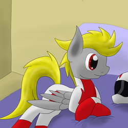 Size: 2600x2600 | Tagged: safe, artist:flashiest lightning, oc, oc only, pegasus, pony, bed, helmet, racer, racing suit, relaxing, solo