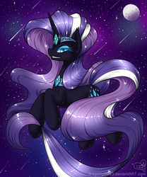 Size: 1500x1800 | Tagged: safe, artist:lunarahartistry, nightmare rarity, pony, unicorn, g4, female, looking at you, mare, moon, night, smiling, solo, stars