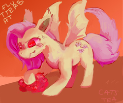 Size: 900x754 | Tagged: safe, artist:catstea, fluttershy, bat pony, pony, bats!, g4, apple, female, flutterbat, race swap, solo