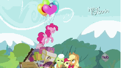 Size: 576x324 | Tagged: safe, screencap, apple bloom, applejack, granny smith, pinkie pie, g4, pinkie apple pie, animated, apples to the core, balloon, cartoon physics, female, hub logo, hubble, pinkie being pinkie, pinkie physics, the hub, then watch her balloons lift her up to the sky