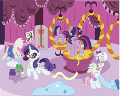 Size: 3117x2401 | Tagged: safe, artist:the-paper-pony, opalescence, rarity, spike, sweetie belle, twilight sparkle, pony, unicorn, g4, carousel boutique, commission, cute, hat, mannequin, mirror, reflection, ribbon, sleeping, unicorn twilight