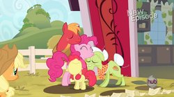 Size: 853x478 | Tagged: safe, apple bloom, applejack, granny smith, pinkie pie, earth pony, pony, g4, pinkie apple pie, hug, nuzzling