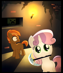 Size: 2876x3332 | Tagged: safe, artist:vulfixeven, button mash, sweetie belle, earth pony, unicorn, don't mine at night, g4, colt, creeper, female, filly, foal, horn, looking back, male, minecraft, pickaxe, torch, video game