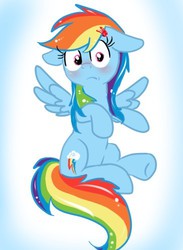 Size: 365x500 | Tagged: safe, artist:catwalkooo, rainbow dash, pegasus, pony, g4, blushing, caught, cute, female, floppy ears, hair accessory, mare, sitting, solo, spread wings, wings