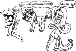 Size: 2344x1567 | Tagged: safe, artist:colossalstinker, applejack, rainbow dash, rarity, g4, monochrome, species swap, traditional art