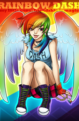 Size: 800x1216 | Tagged: safe, artist:starrywhitewall, rainbow dash, human, g4, clothes, converse, female, humanized, light skin, nail polish, shoes, solo, tongue out, winged humanization