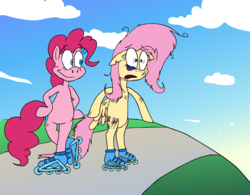 Size: 1717x1339 | Tagged: safe, artist:colossalstinker, fluttershy, pinkie pie, earth pony, pegasus, pony, semi-anthro, g4, bipedal, duo, injured, masyanya, parody, roller skates, skating