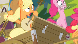 Size: 1440x810 | Tagged: safe, screencap, applejack, pinkie pie, g4, my little pony: friendship is magic, pinkie apple pie, banjo, musical instrument, scared, surprised, wagon