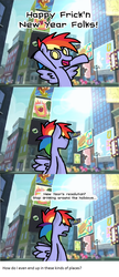 Size: 688x1590 | Tagged: safe, artist:ryuspike, applejack, blueberry curls, colton john, fluttershy, levon song, luckette, pinkie pie, rainbow blaze, spike, strawberry ice, twilight sparkle, alicorn, earth pony, pegasus, pony, g4, background pony, billboard, bridleway, cats (musical), female, happy new year, holiday, male, manehattan, mare, stallion, twilight sparkle (alicorn)