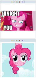 Size: 256x556 | Tagged: safe, pinkie pie, derpibooru, g4, exploitable meme, juxtaposition, juxtaposition win, meme, meta, tonight you