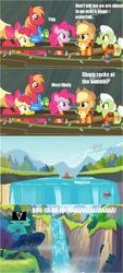 Size: 642x1417 | Tagged: safe, apple bloom, applejack, big macintosh, granny smith, pinkie pie, earth pony, pony, g4, my little pony: friendship is magic, pinkie apple pie, boat, male, stallion, the emperor's new groove, waterfall