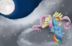 Size: 1174x758 | Tagged: safe, artist:mel-rosey, fluttershy, rainbow dash, g4, cloud, cloudy, moon, night, sleeping