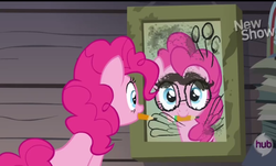 Size: 936x564 | Tagged: safe, screencap, pinkie pie, g4, pinkie apple pie, balloon, drawing, female, glasses, hub logo, mirror, moustache, mouth hold, reflection, solo, wings