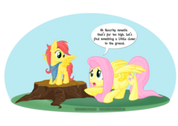 Size: 1024x724 | Tagged: safe, artist:thephoebster, fluttershy, oc, oc:suncrisp, g4, bandana, fluttermom, flying lesson, frown, offspring, overprotective, parent:big macintosh, parent:fluttershy, parents:fluttermac, speech bubble, spread wings, worried