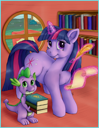 Size: 2500x3230 | Tagged: safe, artist:ratwhiskers, spike, twilight sparkle, g4, book