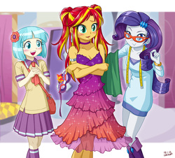 Size: 1000x905 | Tagged: safe, artist:uotapo, coco pommel, rarity, sunset shimmer, human, equestria girls, g4, alternate hairstyle, beautiful, blushing, clothes, cocobetes, cute, dress, equestria girls-ified, female, glasses, glasses rarity, mask, open mouth, pigtails, raribetes, shimmerbetes, sleeveless, strapless, sunset helper, trio, uotapo is trying to murder us