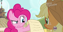 Size: 1023x529 | Tagged: safe, applejack, pinkie pie, g4, pinkie apple pie, angry, hub logo