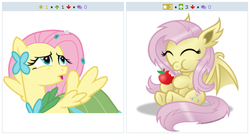 Size: 516x278 | Tagged: safe, fluttershy, bat pony, pony, derpibooru, bats!, g4, my little pony: friendship is magic, exploitable meme, flutterbat, juxtaposition, juxtaposition win, meme, meta, race swap