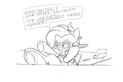 Size: 828x550 | Tagged: safe, artist:carnifex, grace manewitz, earth pony, pony, g4, rarity takes manehattan, female, ghostbusters, hooves on the table, monochrome, naw, pencil, phone, reference to another series, sassy, secretary, sketch, solo