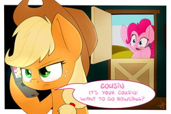 Size: 1500x1000 | Tagged: safe, artist:shinodage, applejack, pinkie pie, earth pony, pony, g4, pinkie apple pie, annoyed, bipedal, bowling, cellphone, cousins, dark, dialogue, door, duckface, female, flip phone, frown, glare, grand theft auto, gta iv, hoof hold, let's go bowling, lidded eyes, mare, open mouth, roman bellic, speech bubble, unamused, waving, wide eyes