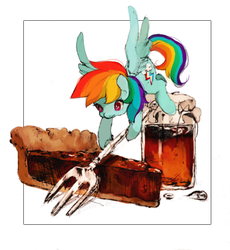 Size: 600x653 | Tagged: safe, artist:19ham, rainbow dash, g4, drink, female, food, fork, hilarious in hindsight, micro, pie, solo