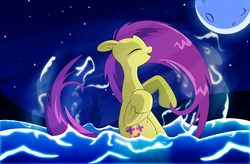 Size: 3287x2160 | Tagged: safe, artist:secondwinded, fluttershy, g4, female, moon, night, solo, swimming, water