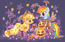 Size: 1266x830 | Tagged: safe, artist:igriega13, applejack, rainbow dash, g4, clothes, costume, halloween, socks, striped socks