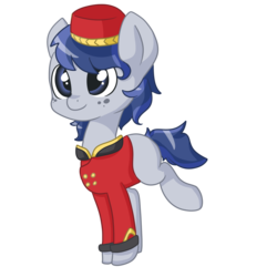 Size: 1280x1280 | Tagged: safe, artist:rue-willings, welcome inn, g4, rarity takes manehattan, bellboy, bellhop, bellhop pony, clothes, cute, freckles, hat, porter, raised leg, simple background, smiling, solo, transparent background, uniform